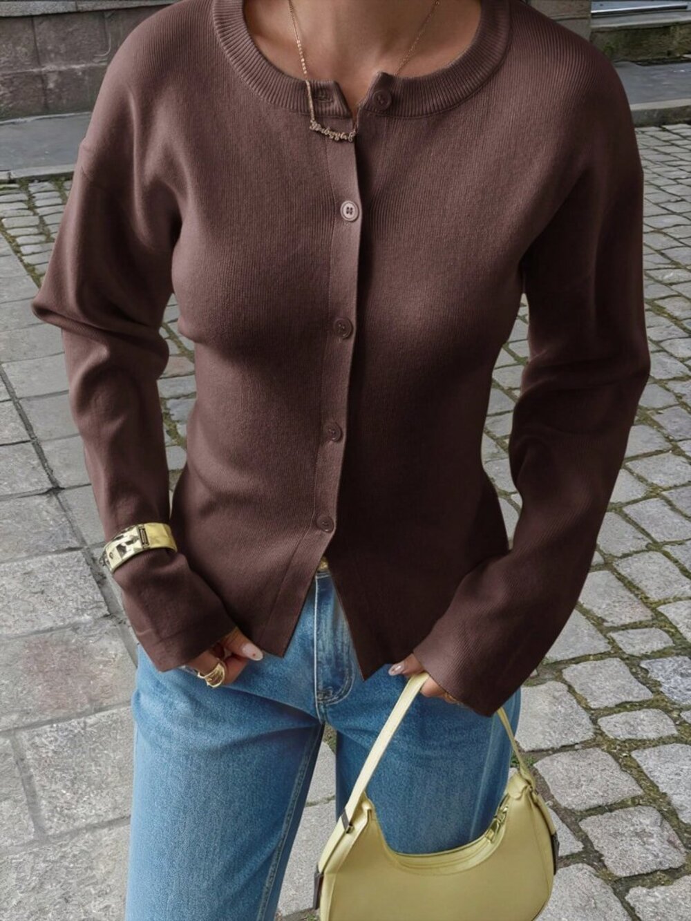 Brown Casual Women's  Long Sleeve Button DesignCardigan Sweater - Picture 2 of 11